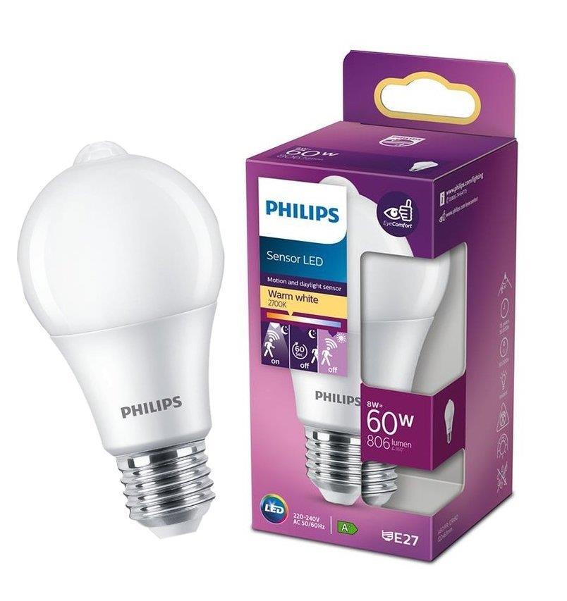 Ampoule LED A60 E27 8W=60W 2700K chaud WW 806lm avec détecteur de mouvement  Philips - Vente en ligne de matériel électrique