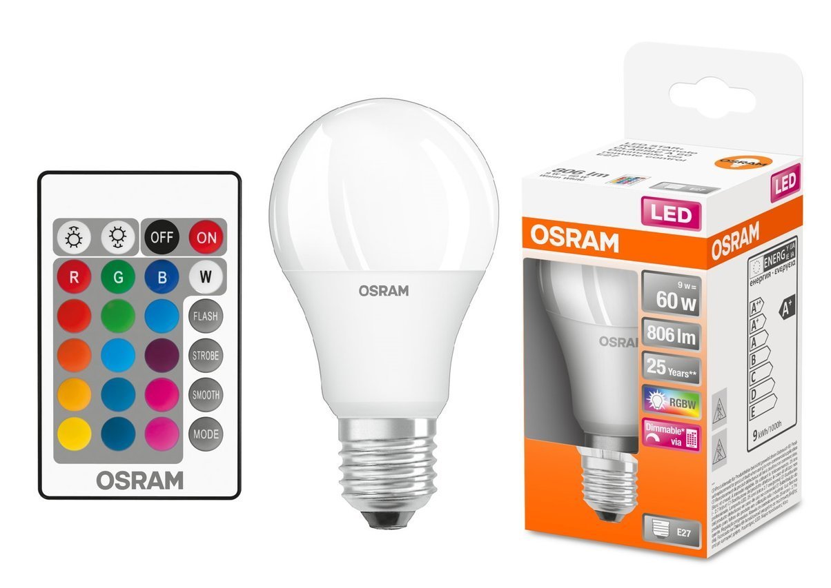 Ampoule LED E27 9W 2700K RGBW blanc chaud dimmable avec télécommande Osram  - Vente en ligne de matériel électrique